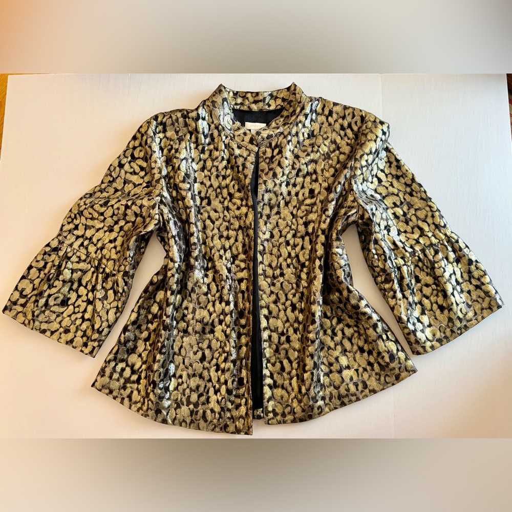 Chicos Blazer Gold Metallic Leopard Cheetah Print Semi Sheer Silk Blend Mob Wife